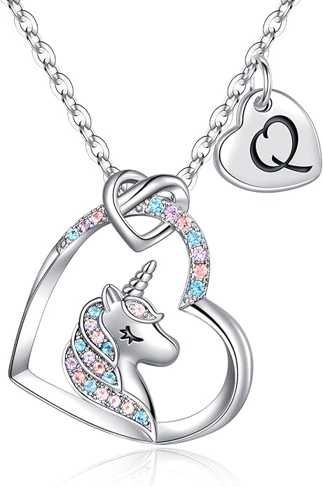 Hidepoo Unicorn Necklace Gifts for Girls - Colorful CZ Heart Pendant Initial Unicorns Necklaces for Teens Little Girls Jewelry Birthday Gift for Girl Daughter Granddaughter Niece