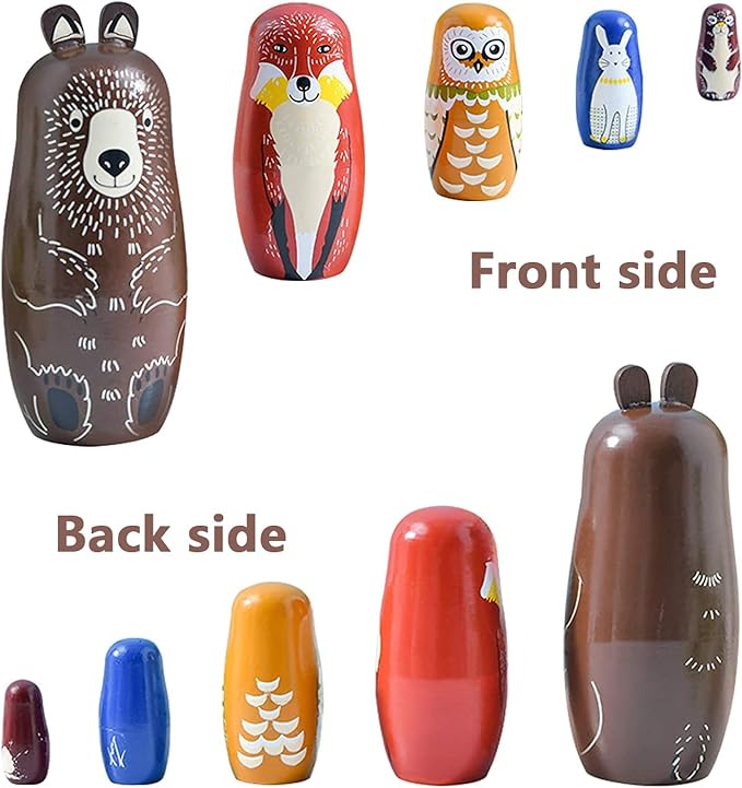 Conzy Russian Nesting Dolls for Kids, Stacking Wooden Handmade Matryoshka Dolls, 5 Piece Cute Cartoon Animal Pattern, Great Toy Gift for Girls Boys' Birthday or Home Decoration (Brown)