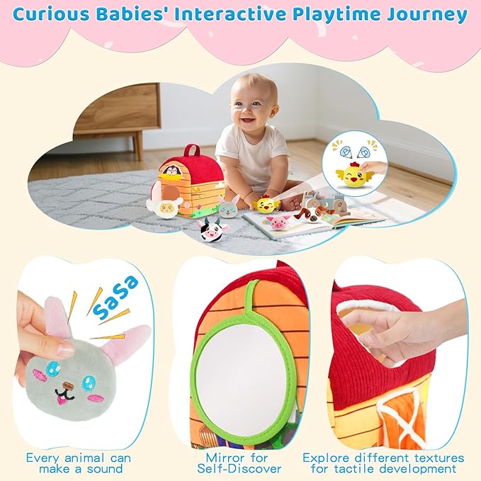 RedCrab Farm Animal Baby Toys for 6-12 Months, Soft Barn with 6PCS Stuffed Farm Animals, Rattle, Crinkle, Mirror, Sensory Toys for 6-12 Months, Montessori Toy Gift for Infants & Toddlers Birthday