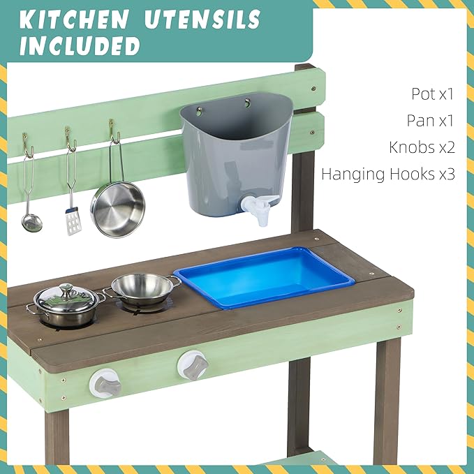 Kid's Wooden Play Kitchen, Outdoor Mud Kitchen with Water Play Set and Cooking Toys, Backyard Play for 3+ Years Kid