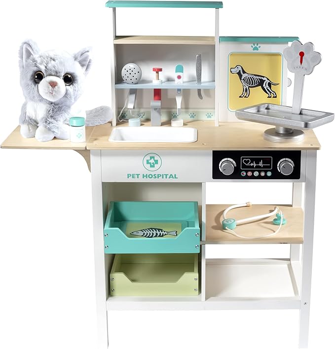 Vet Center Pretend Pet Hospital Playset- Wooden Animal Interactive Medical Checkup Set with Toy Cat, X-Ray Cards Stethoscope & Veterinarian Medical Accessories, Fun Doctor Role Play Xmas Gift for Kids
