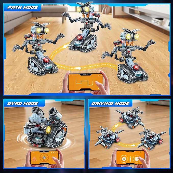 Robot Building Toy with Lights, 5 in 1 Robotic Building Set with APP & Remote Control, RC Tech Tracked Tank Car Fighter Jet Model Kit 795 PCS, Educational Gift for Kids Boys Girls Ages 14+