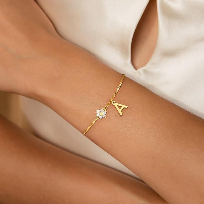 C-leen Gold Initial Bracelets for Women Girls - 18K Gold Plated Flower CZ Initial Bracelet Teen Girl Gifts Trendy Stuff Dainty Gold Bracelets for Women Girls Trendy Jewelry Gifts