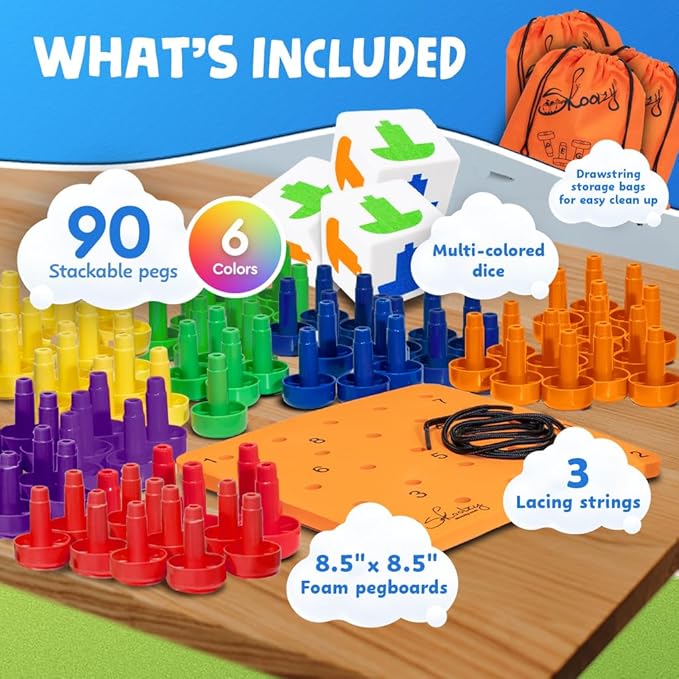 Skoolzy Montessori Sensory Pegboard 33 Piece Set - Develop Sensory Play Occupational Therapy STEM Learning Educational Toys for Kids 2+ - Includes Foam Board, Lacing String, Dice, Storage Bag, eBook