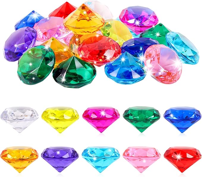Niceup 26pcs Big Diving Gems Large Diamond Toys Kids Class Treasure Box Toys Fake Jewels Gemstones 1.57in for Princess Mermaid Pirate Chest Fillers Party Favors Decorations Hide Seek Bath