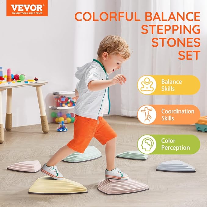 VEVOR Balance Stepping Stones for Kids, 6 PCS, Up to 220 lbs, Non-Slip Toddlers Sensory Stepping Stones, Obstacle Course Coordination Game Toys Indoor or Outdoor Play for Children Aged 3 4 5 6 7 8+