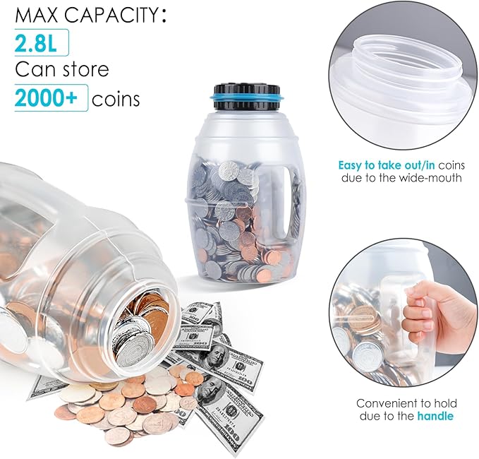 X-Large Piggy Bank for Boys Adults, Vcertcpl Digital Coin Counting Bank with LCD Counter, 2.8L Capacity Coin Bank Money Jar for Adults, Designed for All US Coins (Blue, X-Large)