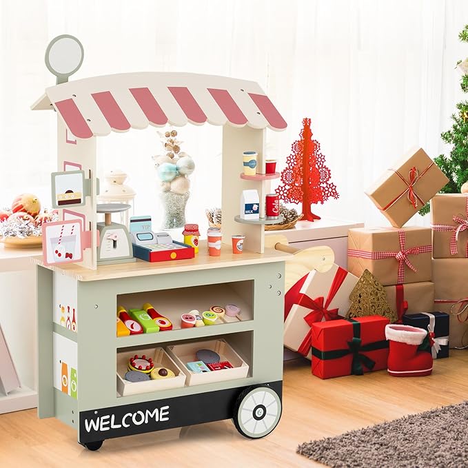 HONEY JOY Kids Food Cart, 30-Piece Toddler Pretend Play Grocery Store Playset w/Cash Register & Scale, Wooden Dessert Shop Play Market, Children Beverage Stand Cart w/Wheels, Gift for Boys Girls