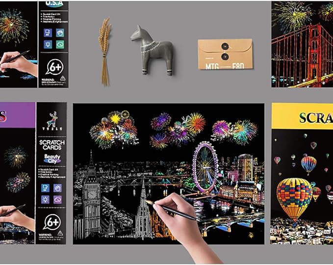 Rainbow Scratch Art Painting Paper (A4) for Adult & Kids, Night View Scratchboard, Engraving Art Set: 4 Sheets Scratch Cards & Clean Brush, Drawing Pen (Eiffel Tower/Big Ben/Moscow/Burj Khalifa)