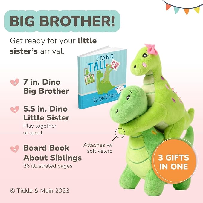 Tickle & Main Big Brother Gift Set with Dinosaur Plush & Storybook - Green Cotton Plush, 7" & 5.5", Ages 2+ - Big Brother Book & Little Sister Dinosaur Toy for Sibling Bonding