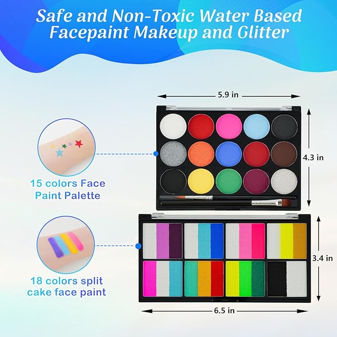 Face Painting Kit for Kids & Adults,Non-toxic Water Activated Face Paint Makeup set,Includes 18 Color+15 Color Face Paint Makeup Palette and Multiple makeup tools.Ideal for Halloween,Cosplay Makeup.