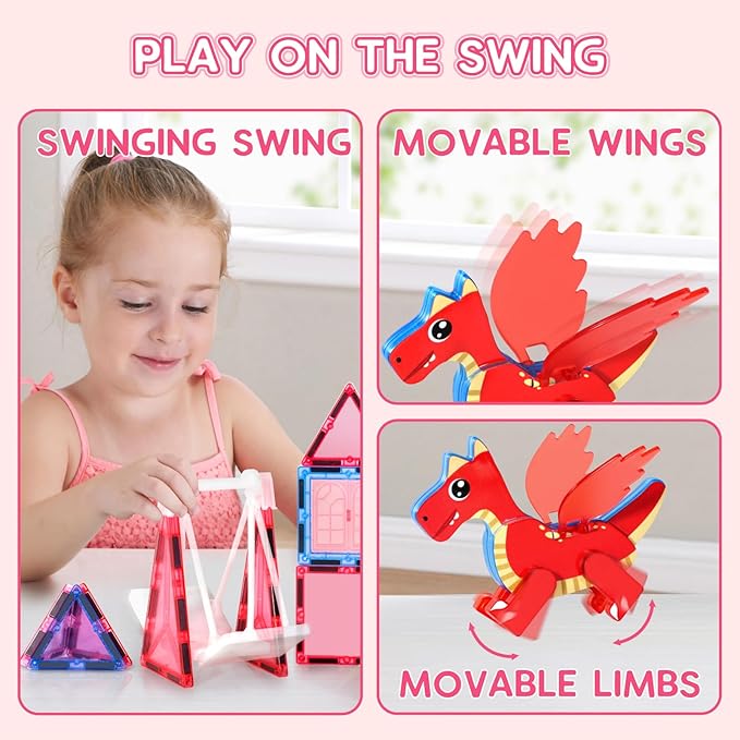 Magnetic Tiles for Kids Ages 4-8 with Dragon, 36-Piece Princess Castle Magnet Tiles for Girls, Movable Dragon Toys for 3+, Creative Magnetic Construction Building Set for Classroom, Xmas Birthday Gift