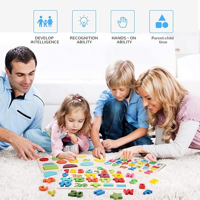 Wooden Puzzles for Toddlers, LENNYSTONE Wood Alphabet Number Shape Puzzles Kids Preschool Learning Toys for Boys Girls Ages 2 3 4 5 Year olds