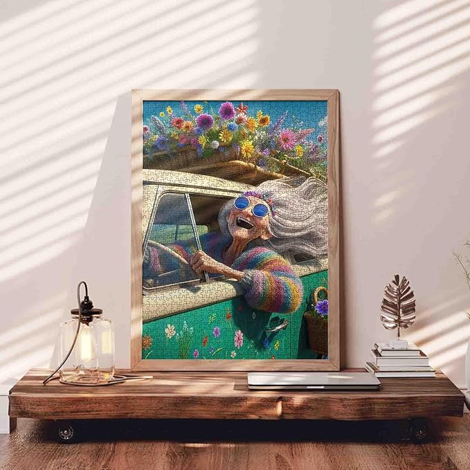 Colorful Grandma Driving Jigsaw Puzzle 1000 Piece for Adults Students 20×27 Inches Floral Hippie Retro Car Theme Vibrant Flower Design Puzzles Relaxing Gift Home Decor Stress Relief Challenge
