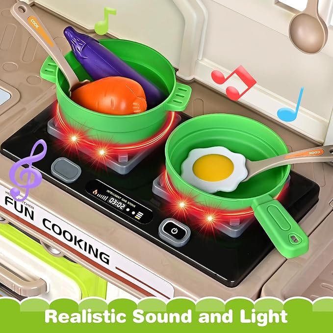 Play Kitchen Set, Kids Kitchen Playset with Realistic Sound & Light, Cooking Stove, Sink, Play Food and Accessories, 57 Pcs Kitchen Toys Gifts for Toddlers 2-4 3-5 Boys Girls (Green)
