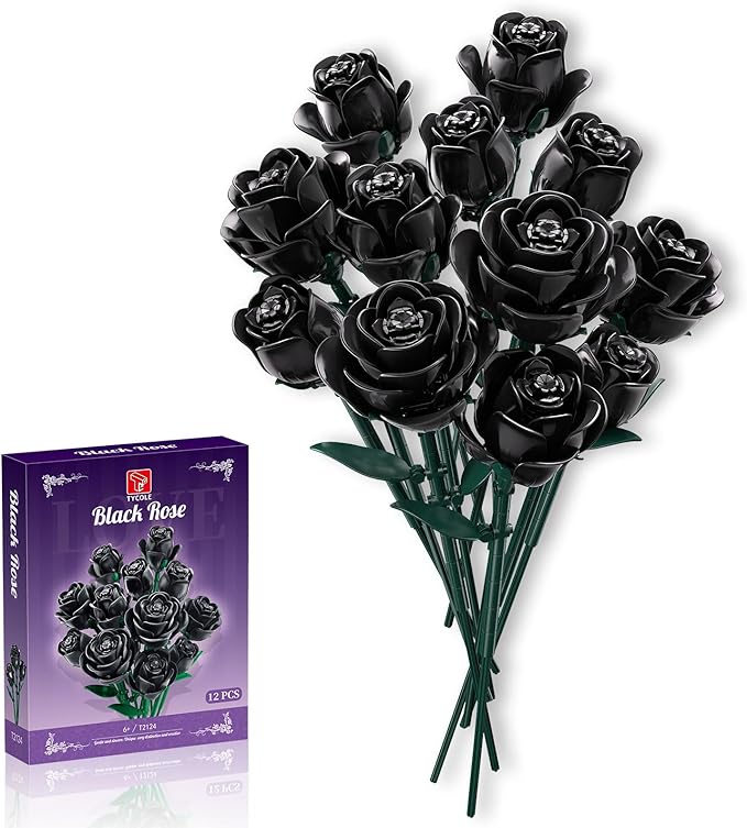 Black Roses Flower Building Set, Halloween Artificial Bouquet Kit Compatible with Legos Bricks - Indoor Plant Decorations for Home & Office - Romantic Gift for Women and Girls 6+