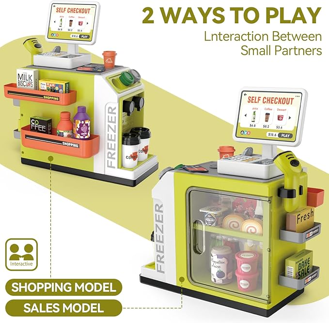 Cash Register Playset for Kids - 48PCS Pretend Play Money, Calculator, Scanner, Credit Card and Play Food for Boys and Girls Ages 3+ (668-124)