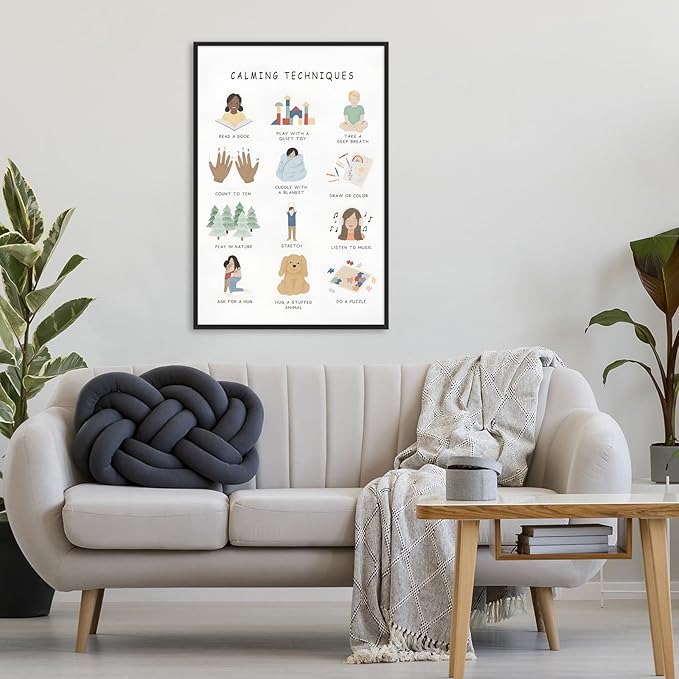 Feelings Calming Techniques Canvas Wall Art Calming Corner Classroom Mental health Posters Boho Emotions Chart for Kids Prints Special Education Wall Decor for Office School 20x30in BlackFramed
