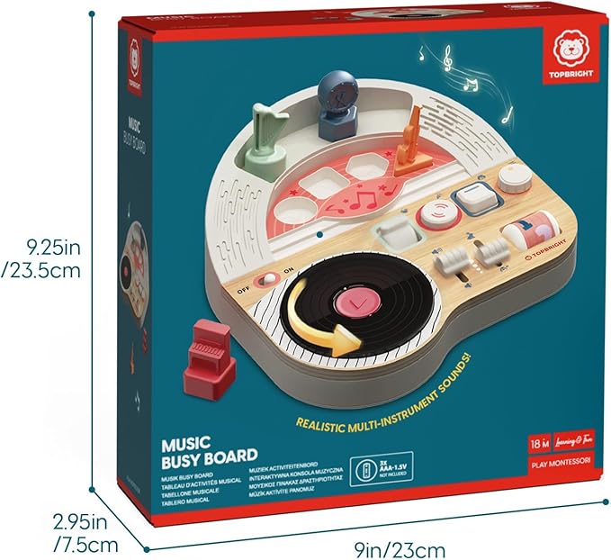TOP BRIGHT DJ Music Busy Board - Wooden Toddler Toys for Boys and Girls，Montessori Sensory Toy with 14 Activities with Sound Blocks, Portable Travel Toy for 18M+