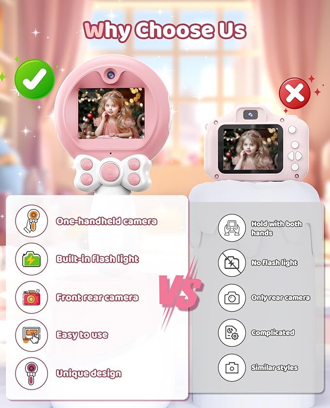 TEKFUN Kids Camera Toy for Girls - Birthday Gifts with Magic Wand Design - Digital Video Camera for Kids with 32GB SD Card - Easter Basket Essentials for Little Girl 2 3 4 5 6 Year Olds (Pink)