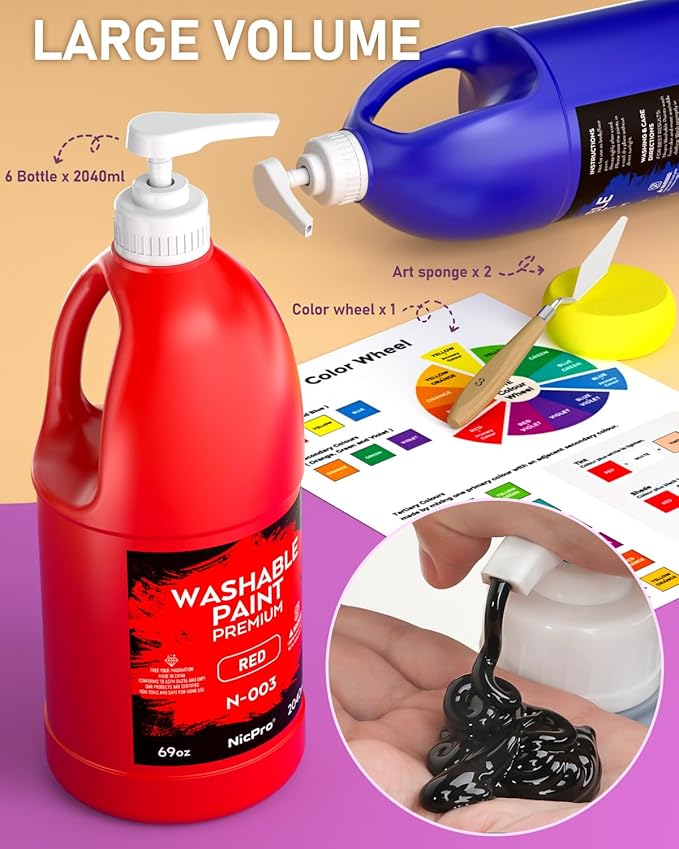 Nicpro 6 Colors Large Washable Paint Set (69 oz, 2040ml), Acrylic Bulk Paint Supplies Non Toxic Children Tempera Paint for Art, Craft DIY, Poster & Finger Paint, School, Home,Classroom