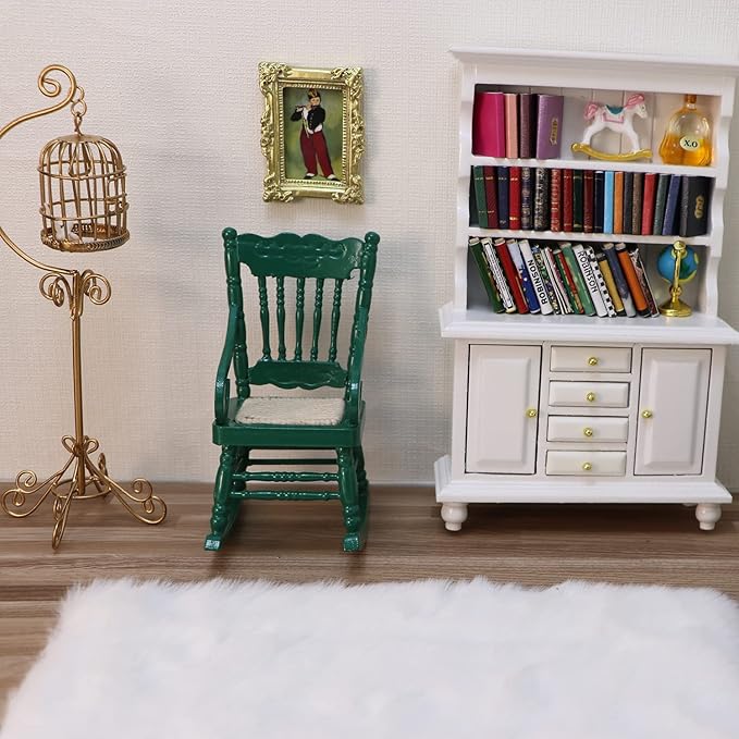 Dollhouse Miniature Rocking Chair 1:12 Scale Wooden Furniture Accessories Tiny Mini House Home Outdoor Cake Topper Decoration Model Living Room Scene Christmas Craft Displays (Green)
