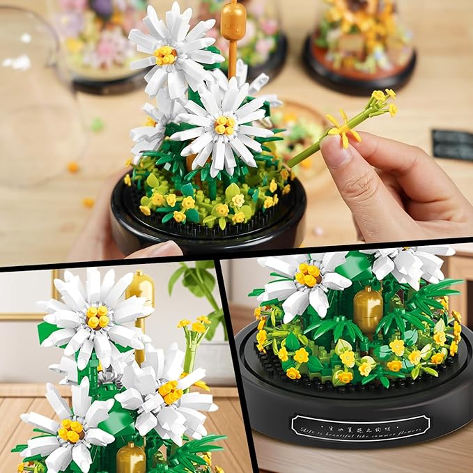 QLT QIAOLETONG Flower Bouquet Building Set, 490 PCS White Daisy Mini Building Blocks Kit for Adults, Flower Botanical Collection for Home Decor, Mother's Day for Mom