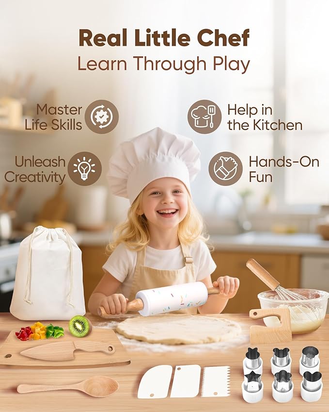 Wooden Safe Real Cooking Tool Set for Kids Toddler Teen – Montessori Kitchen Accessories & Utensils for Little Chef, with Children Proof Knife & Baking Kit, Youth Friendly Culinary Kit for Girl & Boy