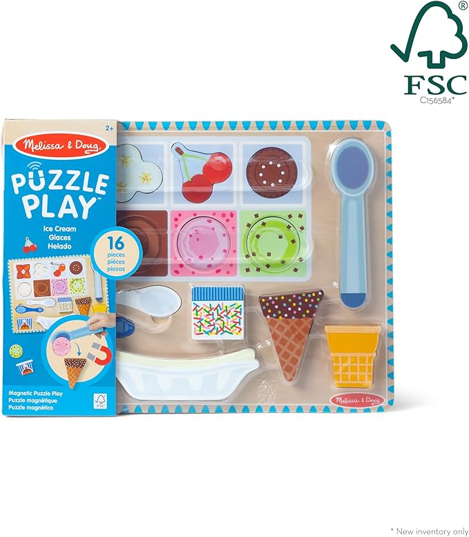 Melissa & Doug Ice Cream Wooden Magnetic Puzzle Play Activity Set, 16 Magnet Pieces, Play Food Toy for Boys and Girls Ages 2+