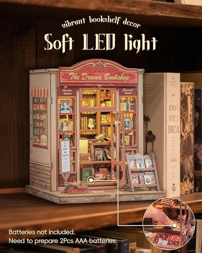 Cutefun Book Nook Kit - DIY Miniature Dollhouse Booknook Kit for Adults and Teens, Tiny House Bookshelf Insert Decor with LED Light, Gifts for Family and Friends (The Drama Bookshop)