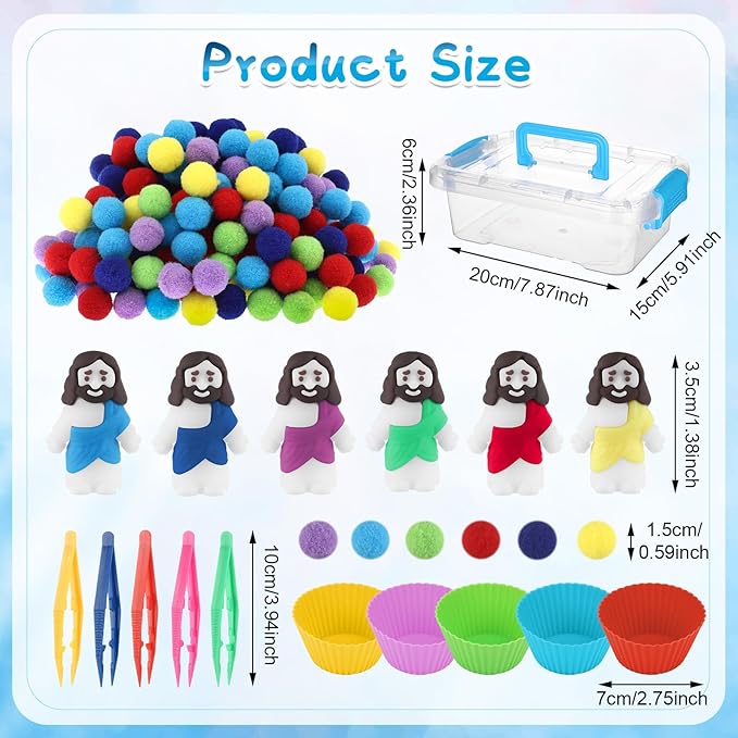 235 Pcs Jesus Sensory Bin Filler Fine Motor Toys Counting Sorting 200 Felt Pompoms 24 Mini Jesus Figures 5 Tweezers 5 Silicone Plates 1 Storage Box, for Counting Sorting Christian Gifts Fillers
