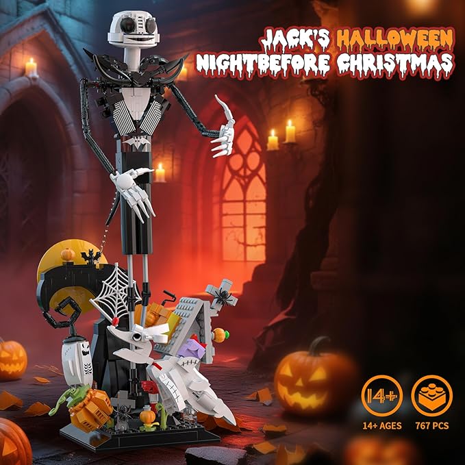 Horror Skull Building Set, Before Christmas Haunted House Building Blocks Set, Pumpkins and Skeleton Ghosts, Halloween Christmas Building Toys Gifts for Movie Fans Adults
