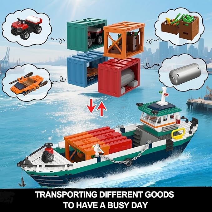 HOGOKIDS City Wharf Building Set with Crane - Includes Ship Train Truck, 4 Containers with Cargo Harbor Building Blocks | Large Construction Toy for for Adults Teens Kids Girls Boys 6-14+（1373PCS）