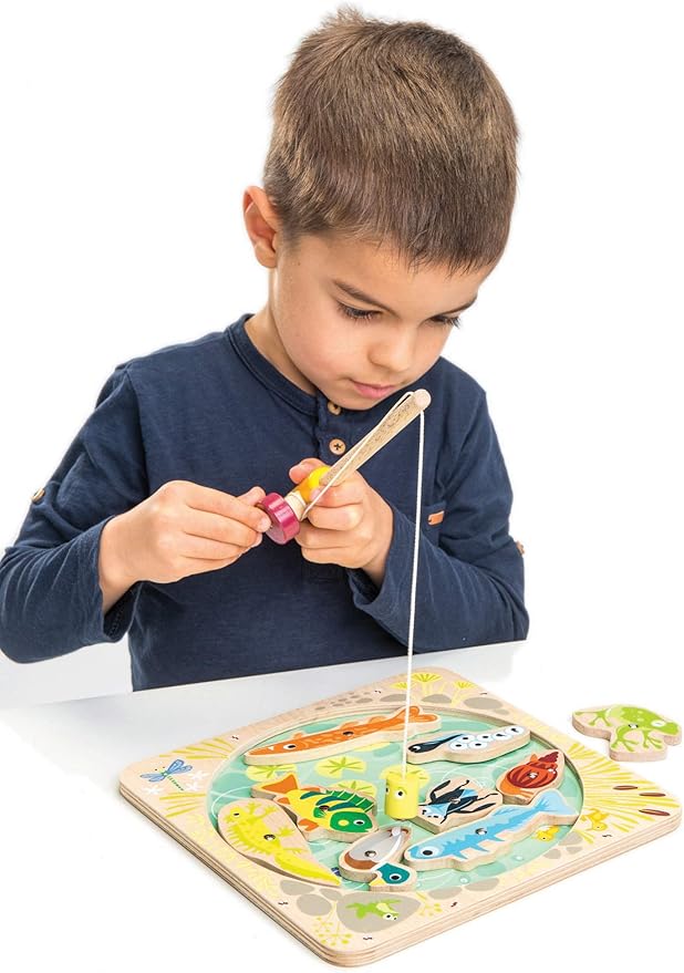 Tender Leaf Toys - Pond Dipping - Wooden Magnetic Fishing Toy for Kids - Length Adjustable Fishing Rod and 8 Pond Animals with Numbers at the Back - Develops Fine Motor Skills, Early Learning - Age 3+