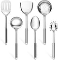 E-far 6-Piece Cooking Utensils Set, Stainless Steel Kitchen Utensils, Metal Heat Resistant Kitchen Tools Set Including Spoon, Soup Ladle, Slotted/Solid Turner, Skimmer, Pasta Server, Dishwasher Safe