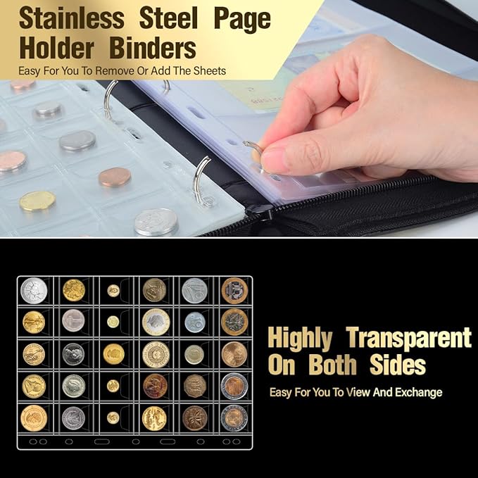 Coin Collection Book Holder for Collectors, Coin Storage Box Case Album Binder Sleeves for Money Currency Collection Supplies - [300 Coins Pockets+30 Bills Pockets]