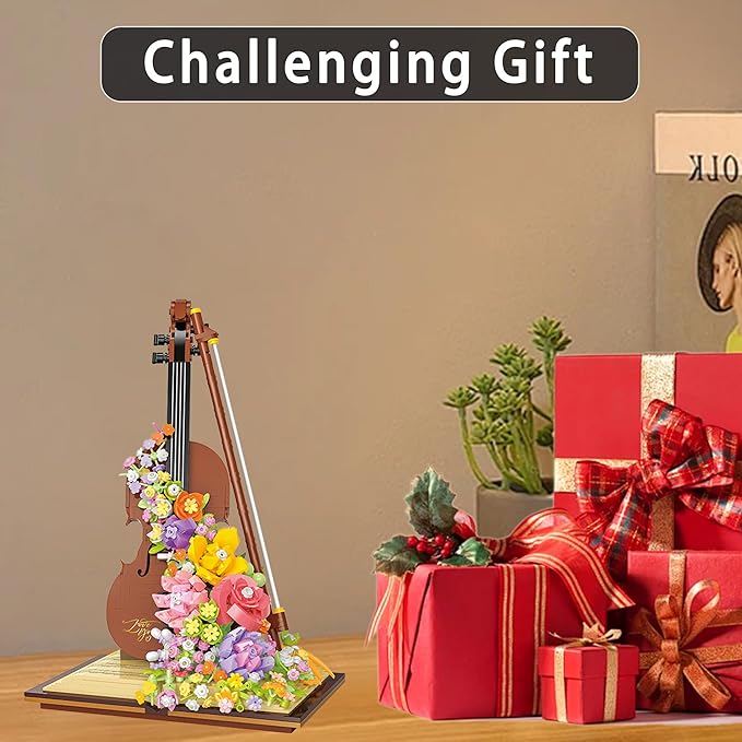 Mini Violin Building Blocks Sets Flower - 950+PCS Musical Instrument Micro Building Bricks Kit Floral - Creative Ideals, Collectible Architecture Decoration, Birthday Gift(Violin Flower)