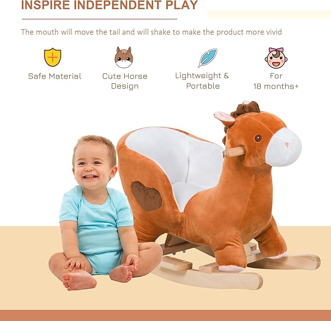 Qaba Kids Ride On Rocking Horse, Plush Animal Toy Sturdy Wooden Rocker with Songs for Boys or Girls