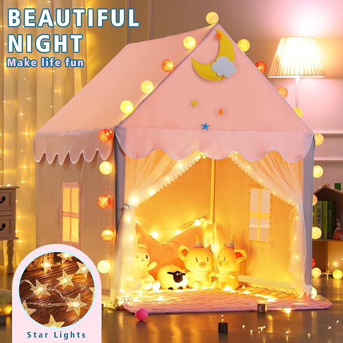 Wilwolfer Kid Tent with Mat, Star Lights - Kids Play Tents for Toddlers Kids Tents Indoor Playhouse - Princess Tent for Girls Toy House Gift (Gray with Mesh)