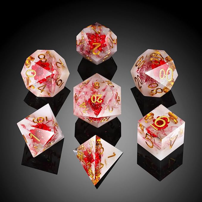 Flower D&D Dice ,DNDND Handmade Resin Sharp Edge Die with Gift Case for D&D Dungeons and Dragon Games (Red Flower)
