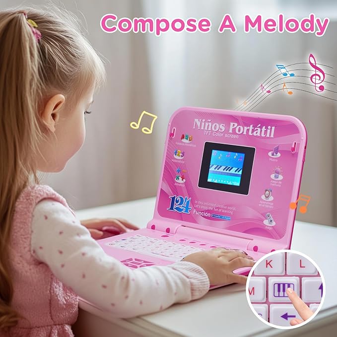 Kids Laptop, Color Screen Bilingual Laptop Spanish/English with 124 Learning Modes, Computer for Kids Ages 5+