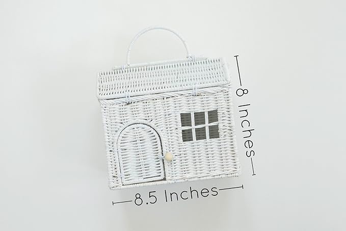 Rool Rattan House Shaped Basket Wicker Small Dollhouse Gift for Girls, Boho Toys, Mouse in a Box House, Little Girl Purse Clutch, Doll Carrier (White)