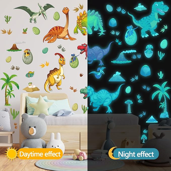 Glow in The Dark Dinosaur Wall Decals, Glowing Dinosaur Wall Stickers Colorful Large Removable self-Adhesive Decal for Ceiling Boys Bedroom Kids Baby Nursery Living Room Decoration