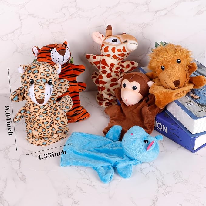 6Pcs Hand Puppets for Toddlers - Stuffed Animal Puppets for Kids, Including Lion, Tiger, Hippo, Leopard, Giraffe and Monkey for Puppet Show Theater, Stocking Stuffers for Kids