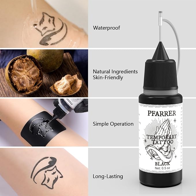 PFARRER Temporary Tattoo Kit 8 Bottles Color Temporary DIY Tattoo Ink,105 Pcs Stencils Kit for Body Paint Fake Tattoos for Kids&Women (Black,Red,Green,Blue,Yellow,Purple,Brown,Orange)