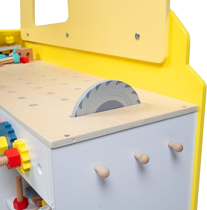 Construction Truck Wooden Playset w 60+ Toy Pieces- Pretend Hammer Saw Bolts, Screws- Spinning Turn Saw, Steering Wheel, Wood to Pull Apart- Dual Sided Stand Center, Workbench Building Kids Xmas Gift