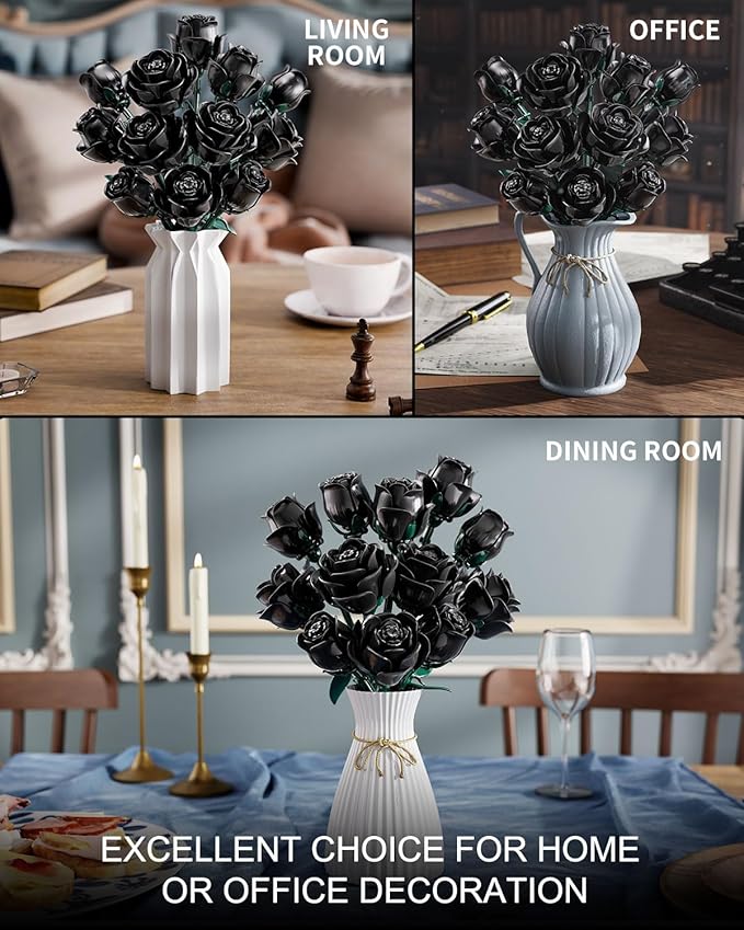 Black Roses Flower Building Set, Halloween Artificial Bouquet Kit Compatible with Legos Bricks - Indoor Plant Decorations for Home & Office - Romantic Gift for Women and Girls 6+
