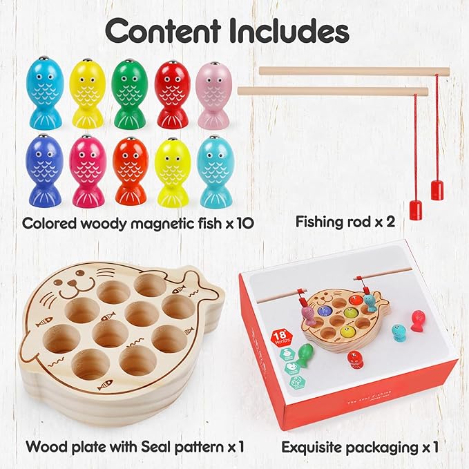Wooden Magnetic Fishing Game for Kids 3-5,Montessori Preschool Educational Activities Learning Hand-Eye Coordination Fine Motor Skills Color Sorting Magnet Fish Toys for Boys Girls