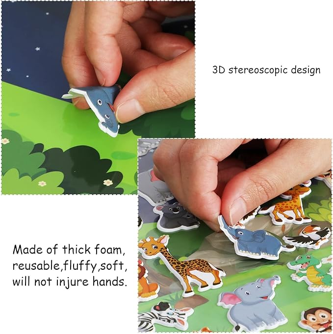 3D Jungle Animals Puffy Sticker Play Set Gifts Sticker Book Zoo Animals Window Clings Decals Home Airplane Classroom Nursery Safari Party Supplies Decorations Removable 100 Reusable Puffy Stickers