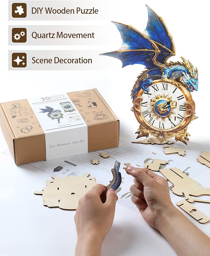 Rnfinewow 3D Wooden Puzzles for Adults, Blue Dragon Clock with Pendulum Model Kit, 3D Puzzles for Adults Room Home Decor DIY Wall Clock Kit, Holiday Birthday Christmas Day Gifts for Men Women Teens